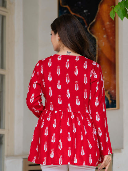 Red Self Design Cotton Fabric Tunics Three-Quarter Sleeves V-Neck Hip Length