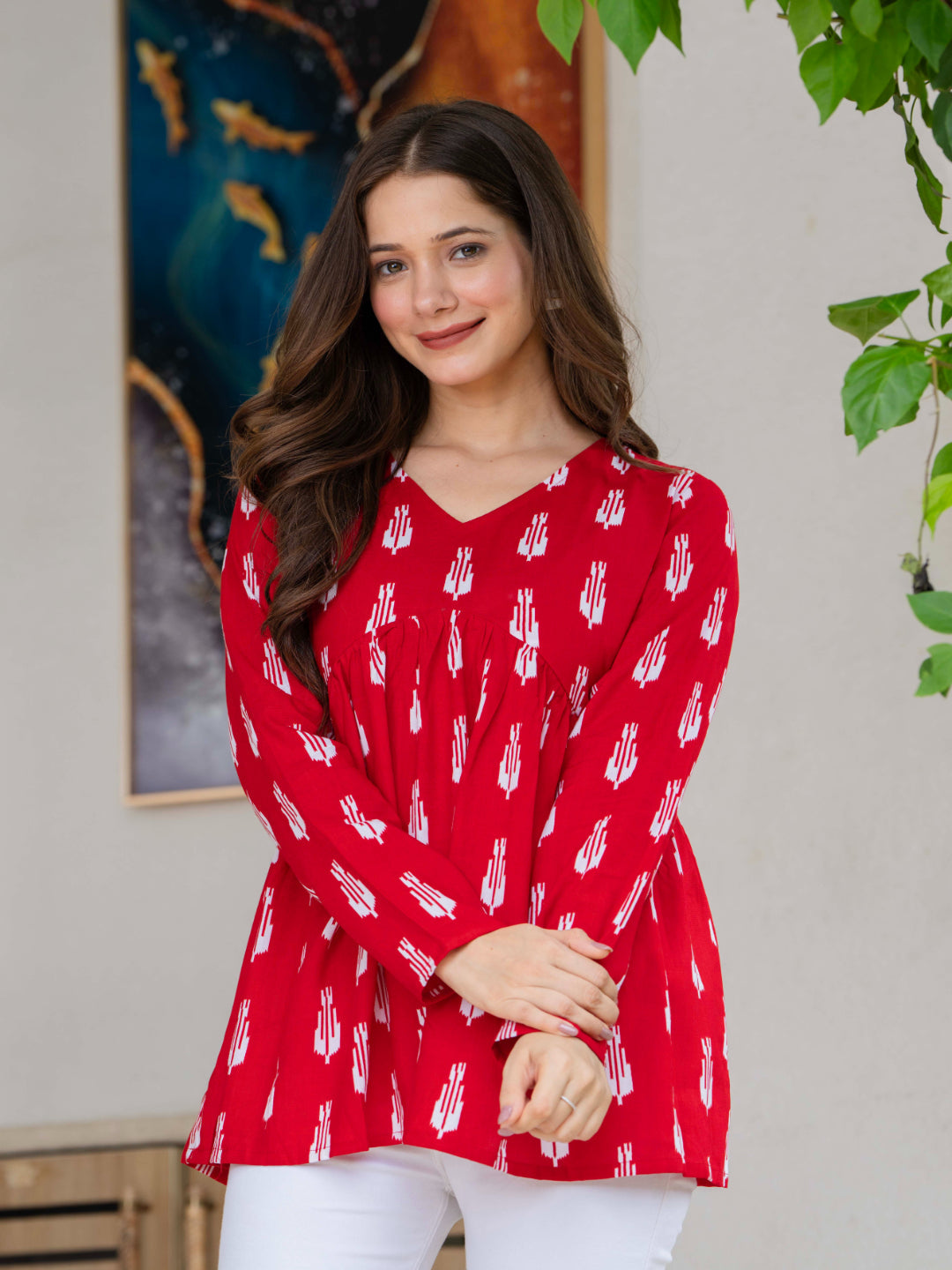 Red Self Design Cotton Fabric Tunics Three-Quarter Sleeves V-Neck Hip Length