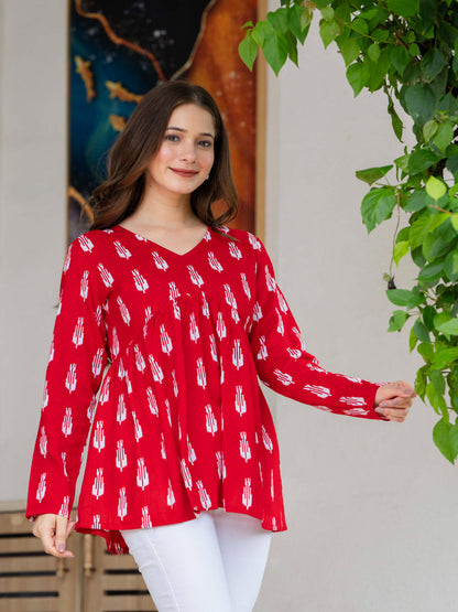 Red Self Design Cotton Fabric Tunics Three-Quarter Sleeves V-Neck Hip Length
