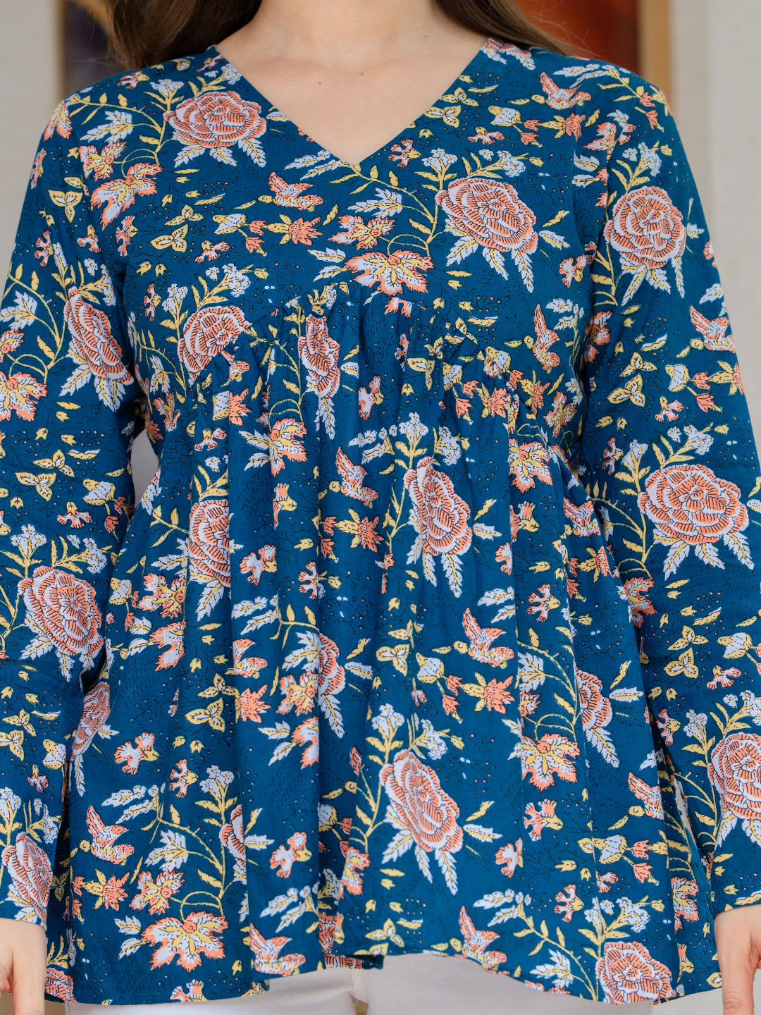 Teal Self Design Cotton Fabric Tunics Three-Quarter Sleeves V-Neck Hip Length