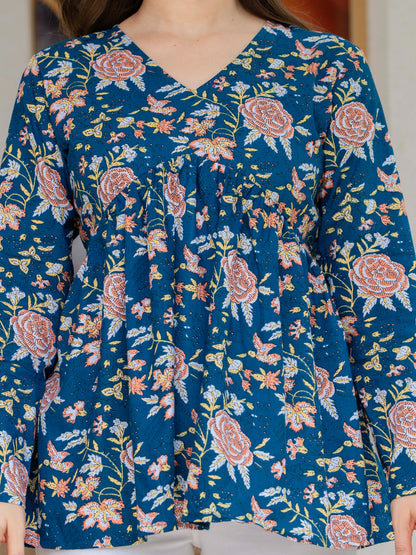 Teal Self Design Cotton Fabric Tunics Three-Quarter Sleeves V-Neck Hip Length