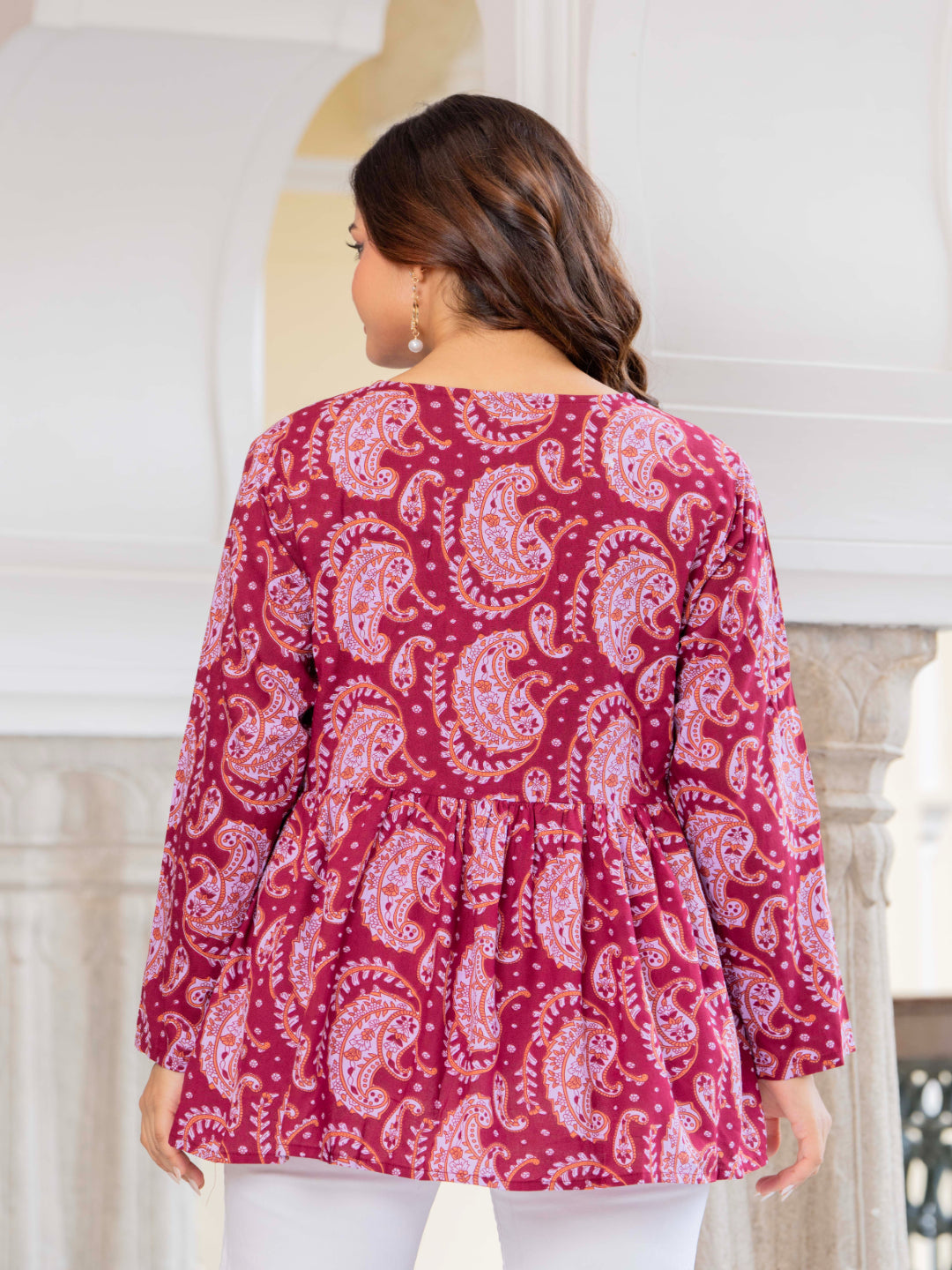 Maroon Self Design Cotton Fabric Tunics Three-Quarter Sleeves V-Neck Hip Length