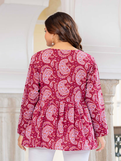 Maroon Self Design Cotton Fabric Tunics Three-Quarter Sleeves V-Neck Hip Length