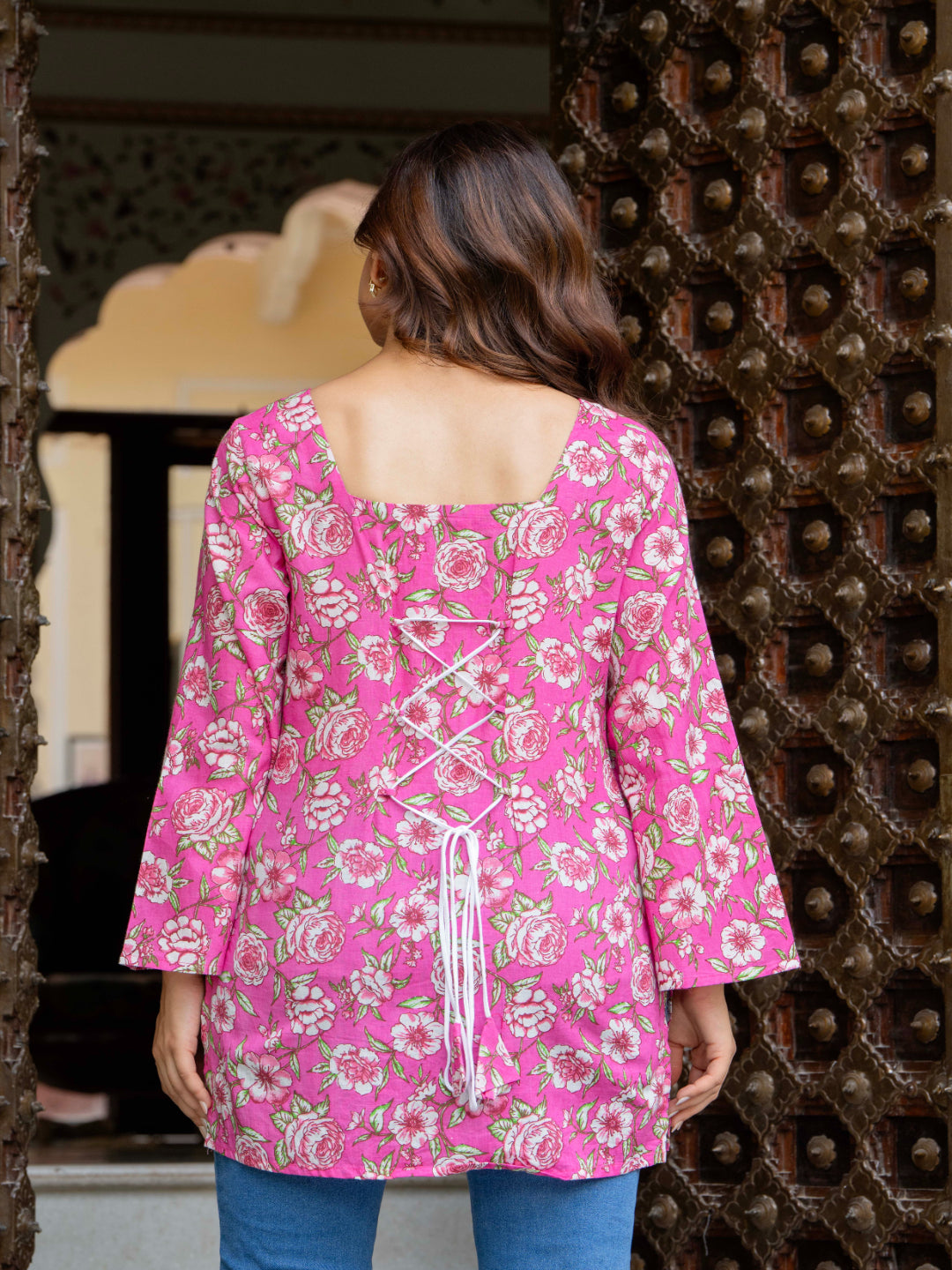 Pink Self Design Cotton Fabric Tunics Three-Quarter Sleeves Square Neck Hip Length