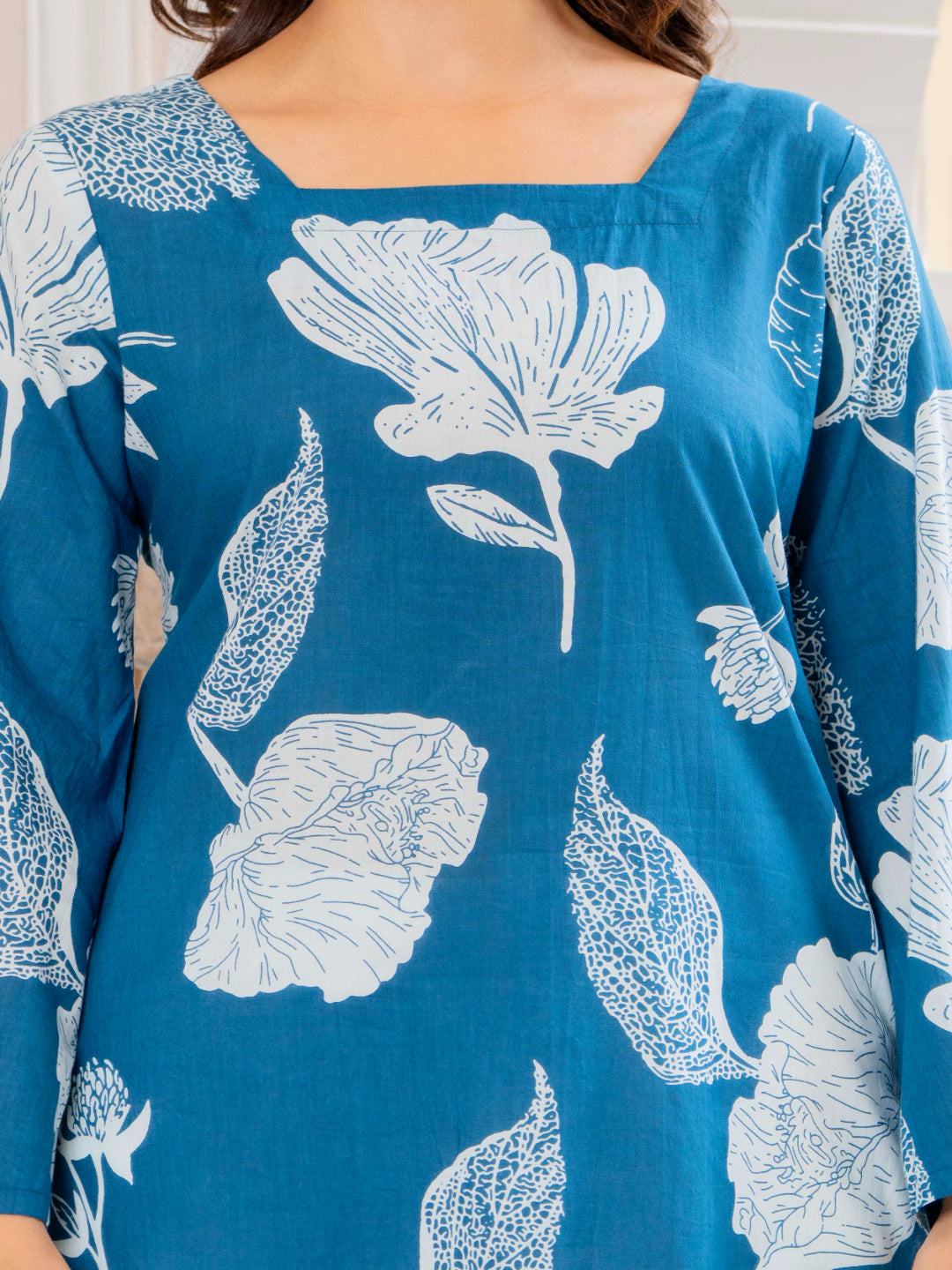 Blue Self Design Cotton Fabric Tunics Three-Quarter Sleeves Square Neck Hip Length