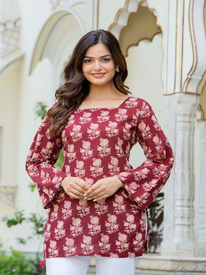 Maroon Self Design Cotton Fabric Tunics Three-Quarter Sleeves Square Neck Hip Length