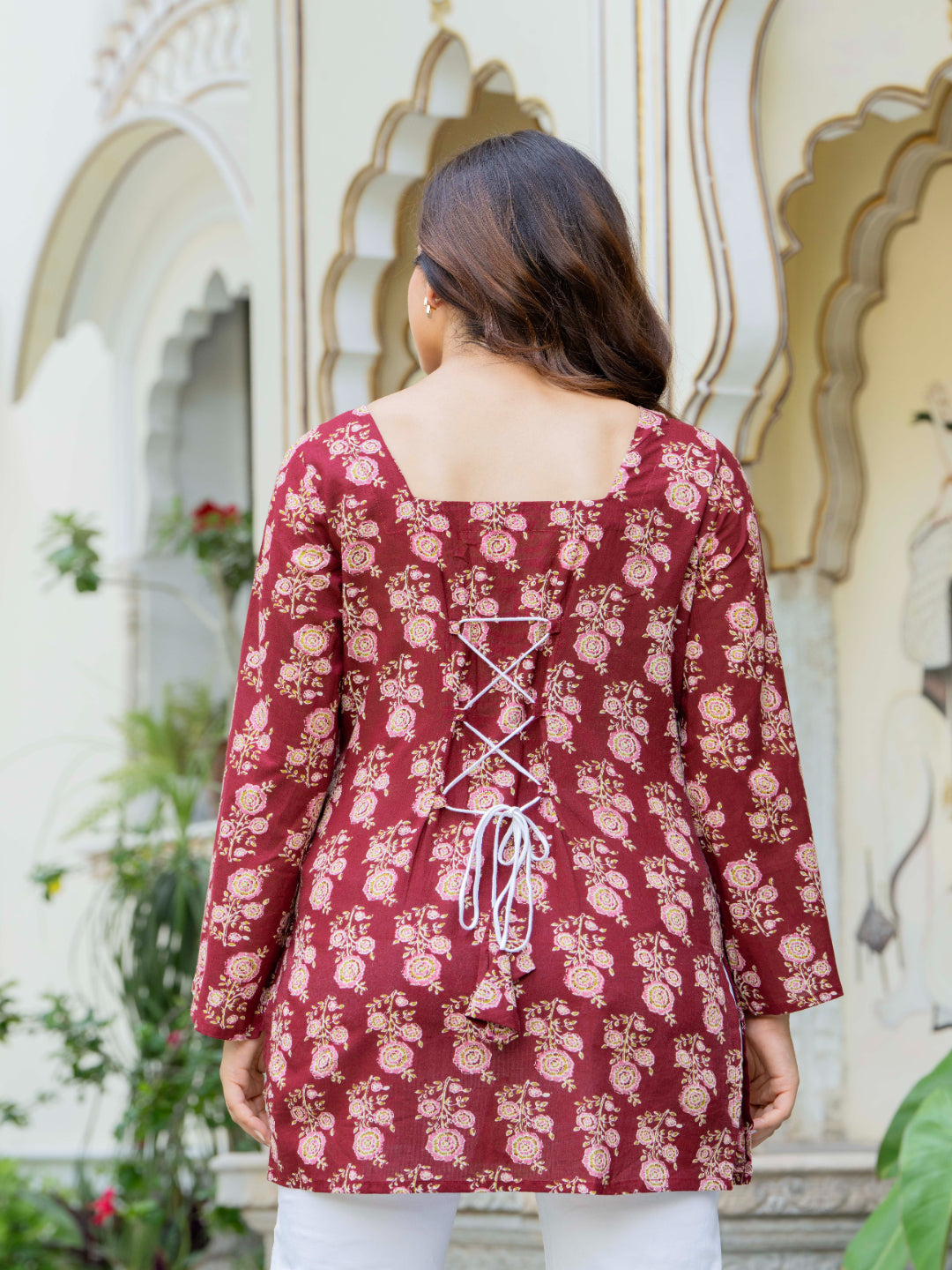 Maroon Self Design Cotton Fabric Tunics Three-Quarter Sleeves Square Neck Hip Length