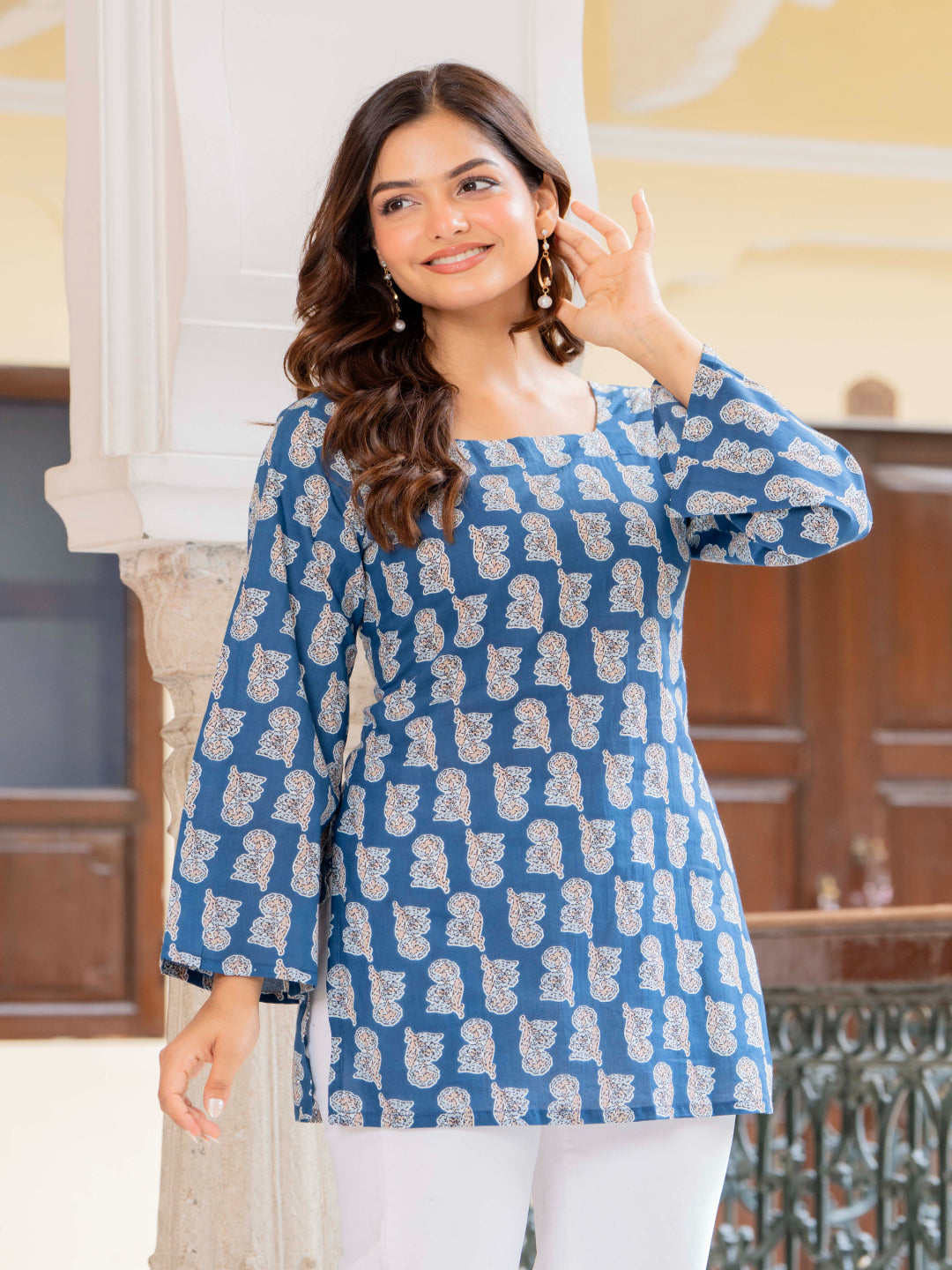 Teal Self Design Cotton Fabric Tunics Three-Quarter Sleeves Square Neck Hip Length