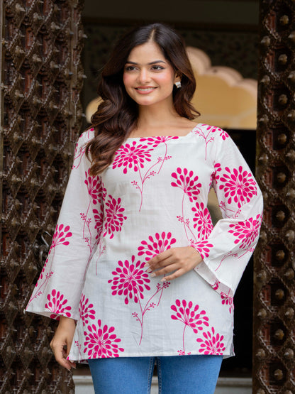 White Self Design Cotton Fabric Tunics Three-Quarter Sleeves Square Neck Hip Length