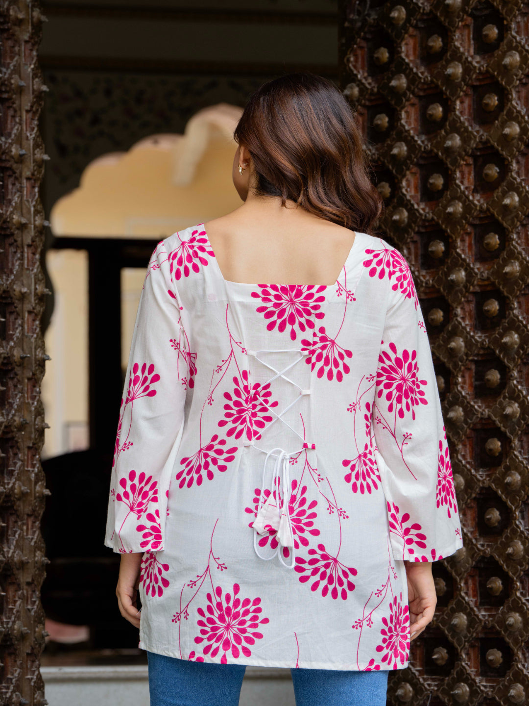 White Self Design Cotton Fabric Tunics Three-Quarter Sleeves Square Neck Hip Length