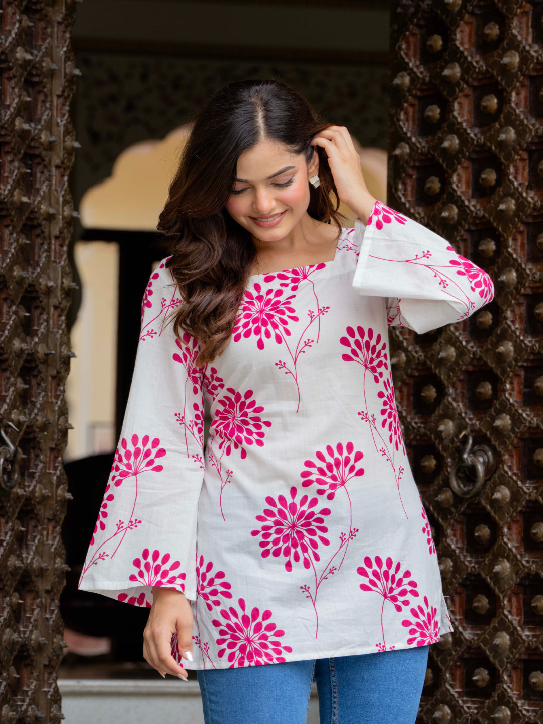 White Self Design Cotton Fabric Tunics Three-Quarter Sleeves Square Neck Hip Length