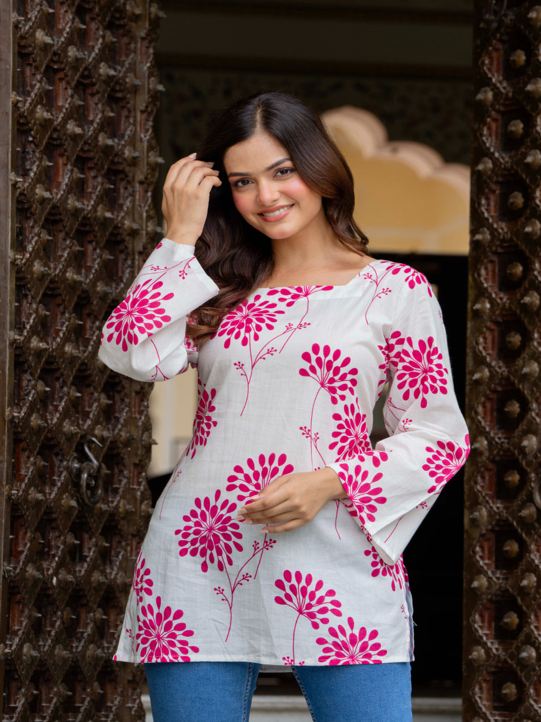 White Self Design Cotton Fabric Tunics Three-Quarter Sleeves Square Neck Hip Length