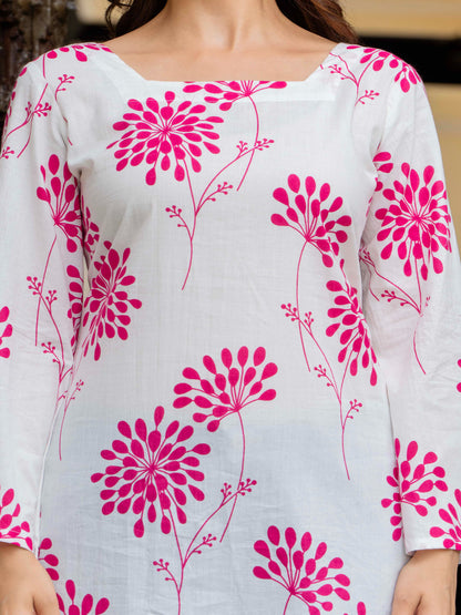 White Self Design Cotton Fabric Tunics Three-Quarter Sleeves Square Neck Hip Length