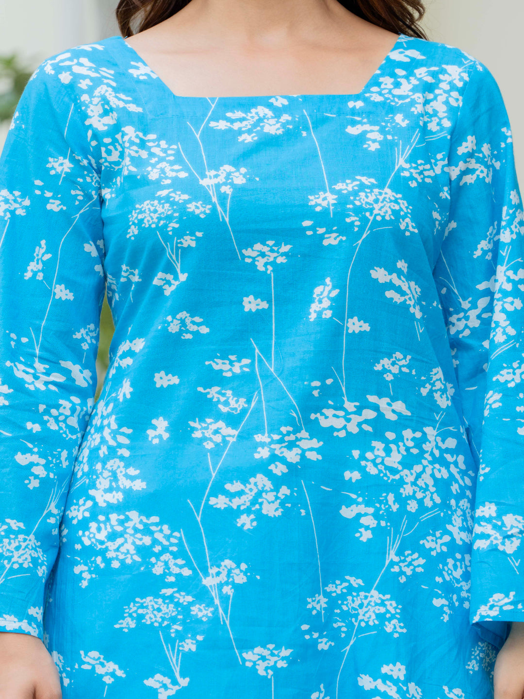 Teal Self Design Cotton Fabric Tunics Three-Quarter Sleeves Square Neck Hip Length