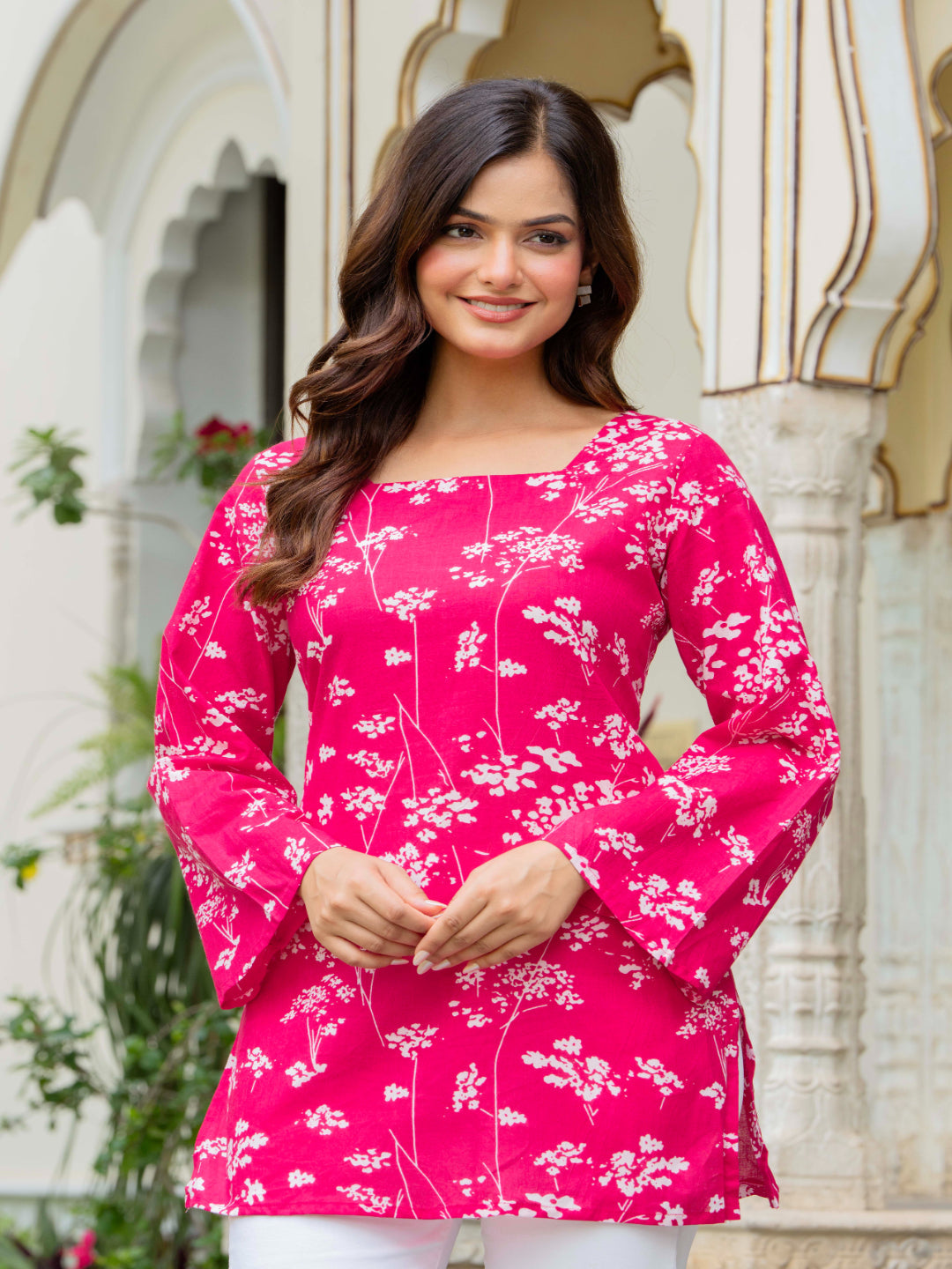 Pink Self Design Cotton Fabric Tunics Three-Quarter Sleeves Square Neck Hip Length