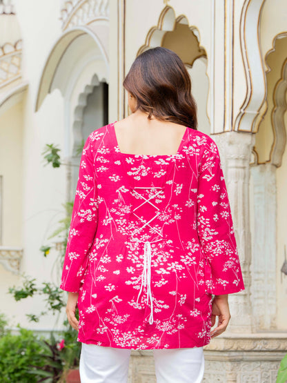 Pink Self Design Cotton Fabric Tunics Three-Quarter Sleeves Square Neck Hip Length