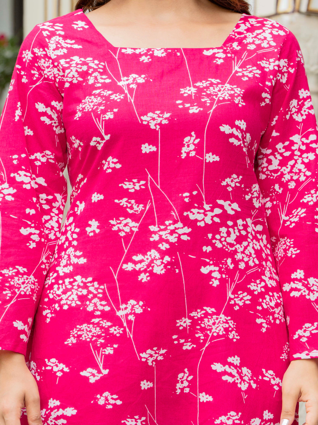 Pink Self Design Cotton Fabric Tunics Three-Quarter Sleeves Square Neck Hip Length