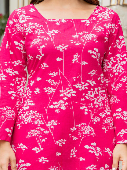 Pink Self Design Cotton Fabric Tunics Three-Quarter Sleeves Square Neck Hip Length