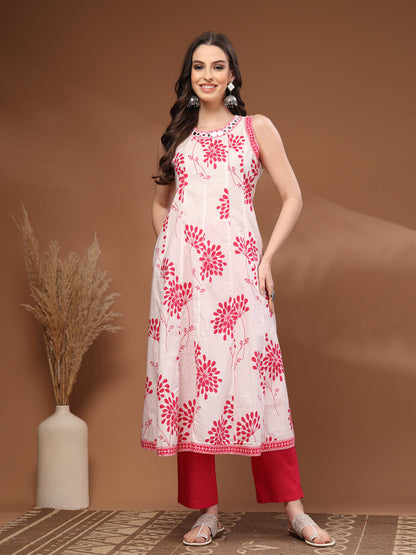 Pink Self Design Cotton 3/4 Sleeves Round Neck Calf Length Kurta Set