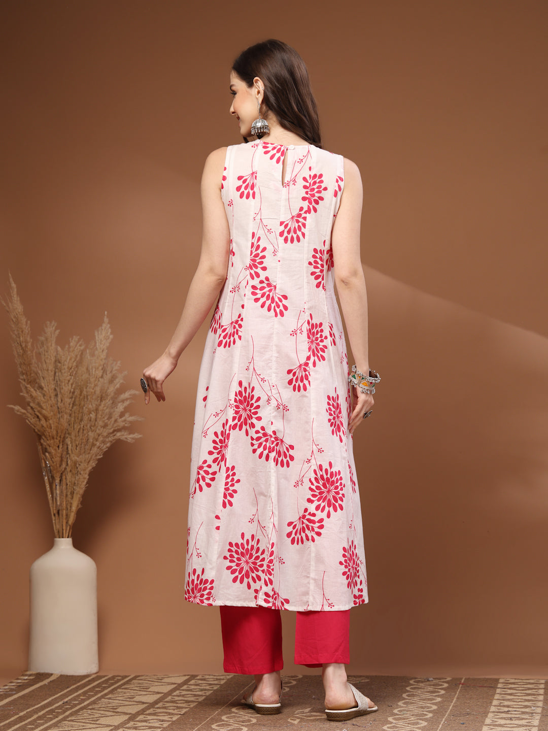 Pink Self Design Cotton 3/4 Sleeves Round Neck Calf Length Kurta Set