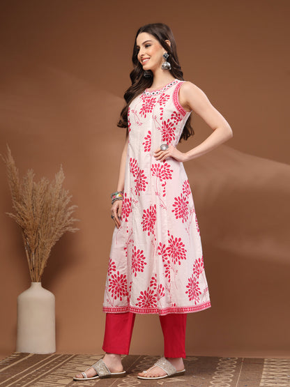 Pink Self Design Cotton 3/4 Sleeves Round Neck Calf Length Kurta Set
