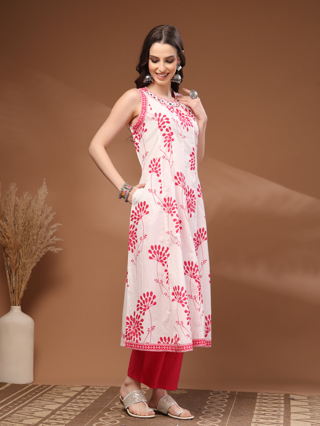 Pink Self Design Cotton 3/4 Sleeves Round Neck Calf Length Kurta Set