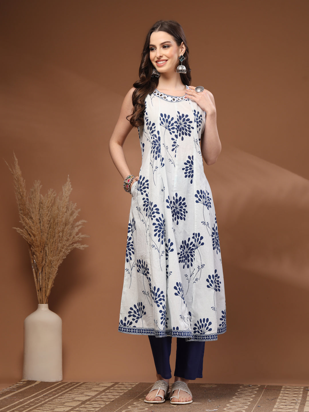 Blue Self Design Cotton 3/4 Sleeves Round Neck Calf Length Kurta Set
