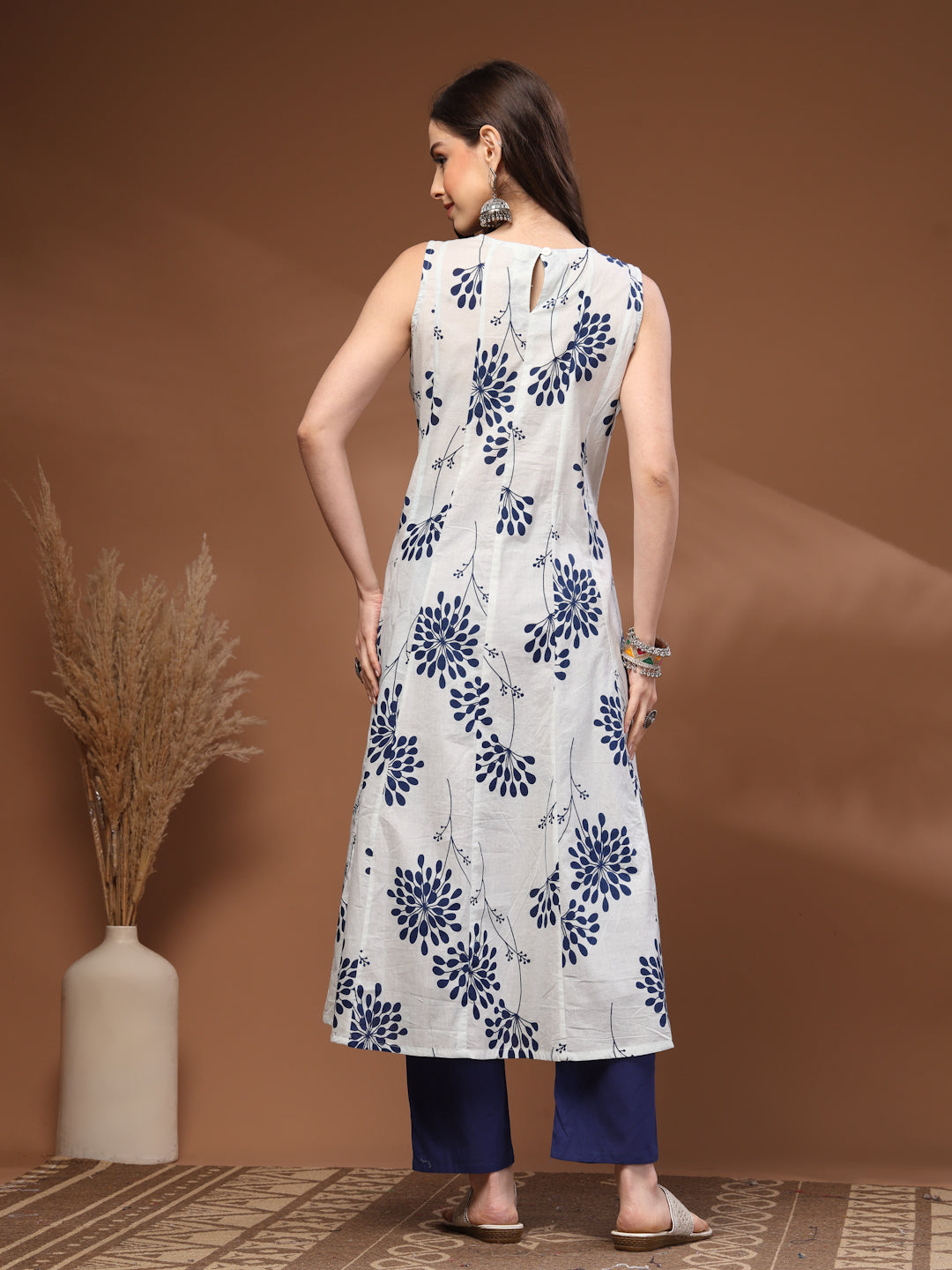 Blue Self Design Cotton 3/4 Sleeves Round Neck Calf Length Kurta Set