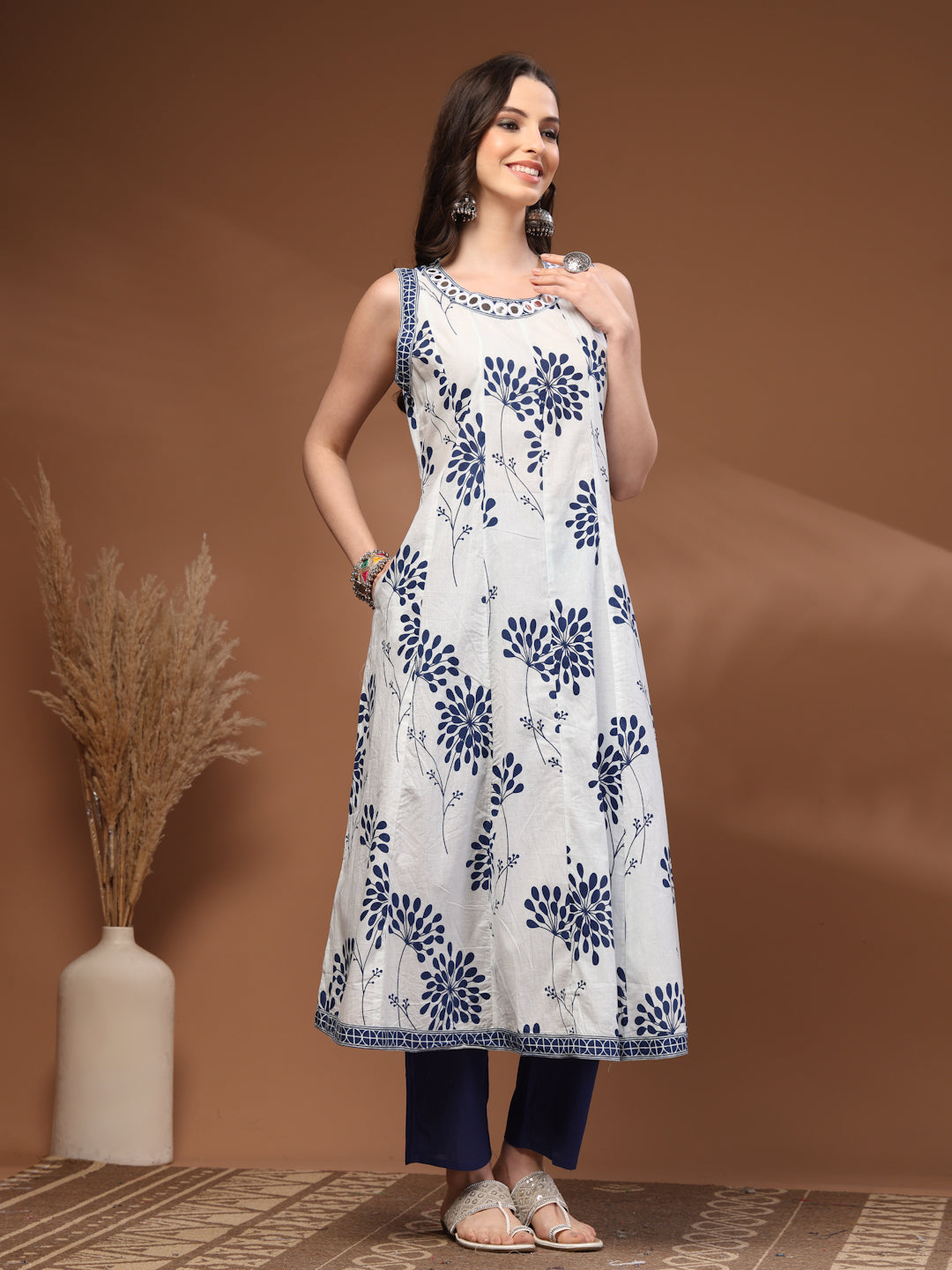 Blue Self Design Cotton 3/4 Sleeves Round Neck Calf Length Kurta Set