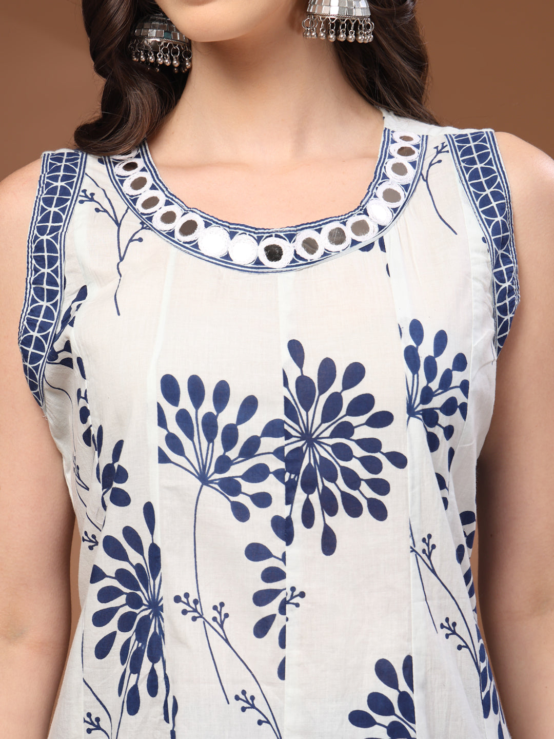 Blue Self Design Cotton 3/4 Sleeves Round Neck Calf Length Kurta Set