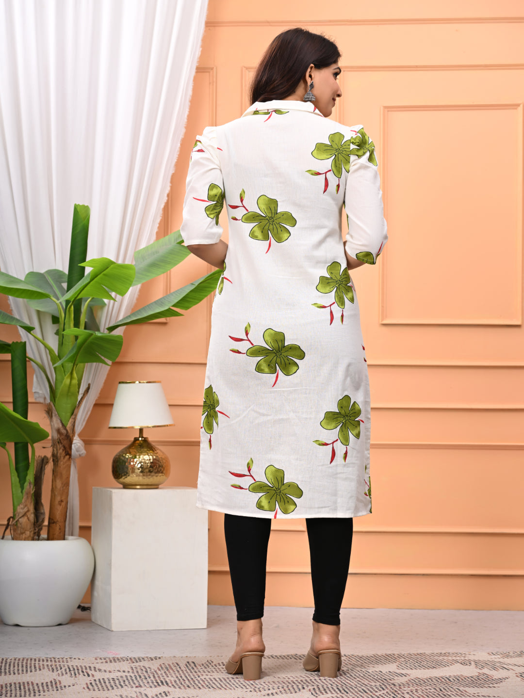 Green Self Design Cotton Fabric Kurtas Three-Quarter Sleeves V-Neck Calf Length