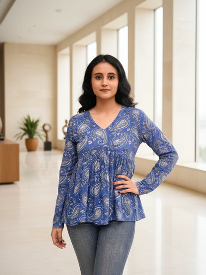 Purple Self Design Cotton Fabric Tunics Three-Quarter Sleeves V-Neck Hip Length