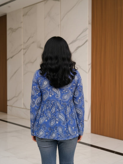 Purple Self Design Cotton Fabric Tunics Three-Quarter Sleeves V-Neck Hip Length