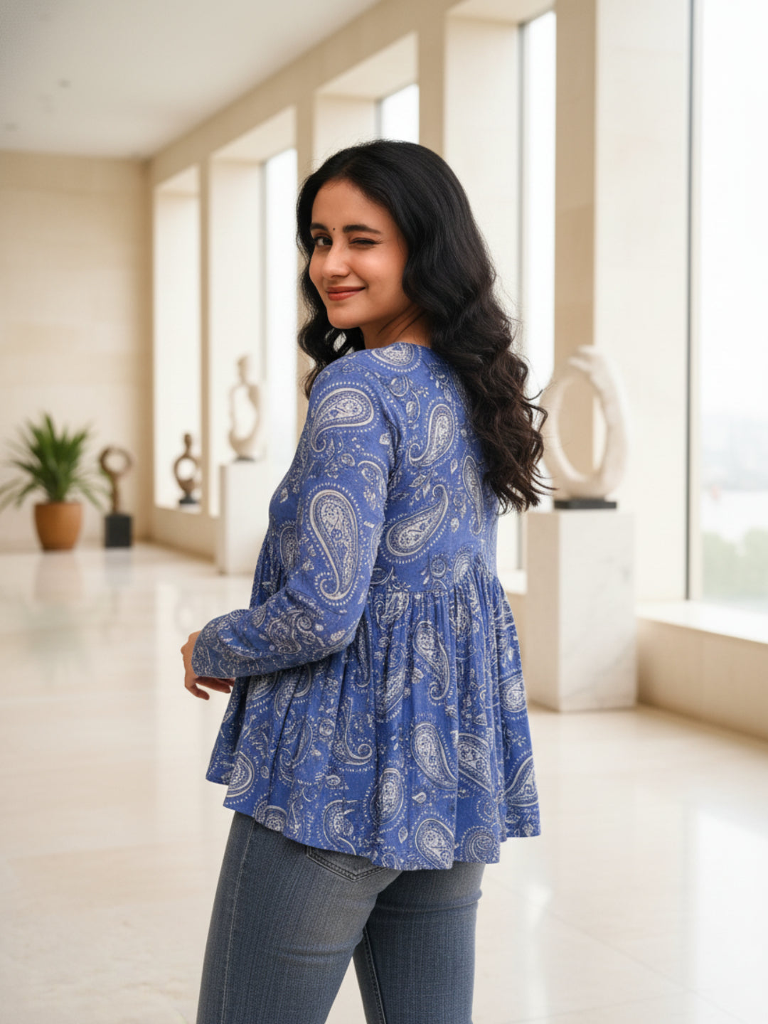 Purple Self Design Cotton Fabric Tunics Three-Quarter Sleeves V-Neck Hip Length