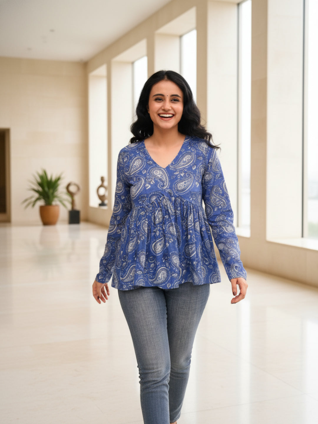 Purple Self Design Cotton Fabric Tunics Three-Quarter Sleeves V-Neck Hip Length