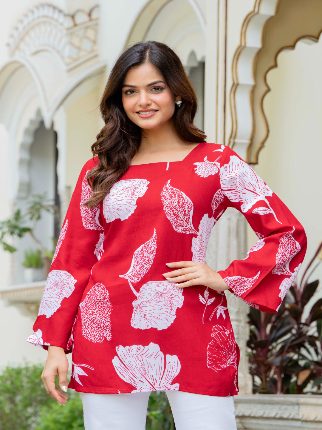 Red Self Design Cotton Fabric Tunics Three-Quarter Sleeves Square Neck Hip Length