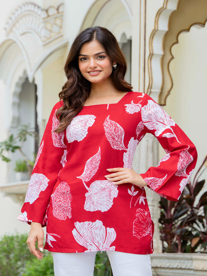 Red Self Design Cotton Fabric Tunics Three-Quarter Sleeves Square Neck Hip Length