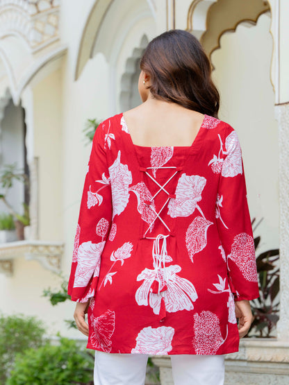 Red Self Design Cotton Fabric Tunics Three-Quarter Sleeves Square Neck Hip Length