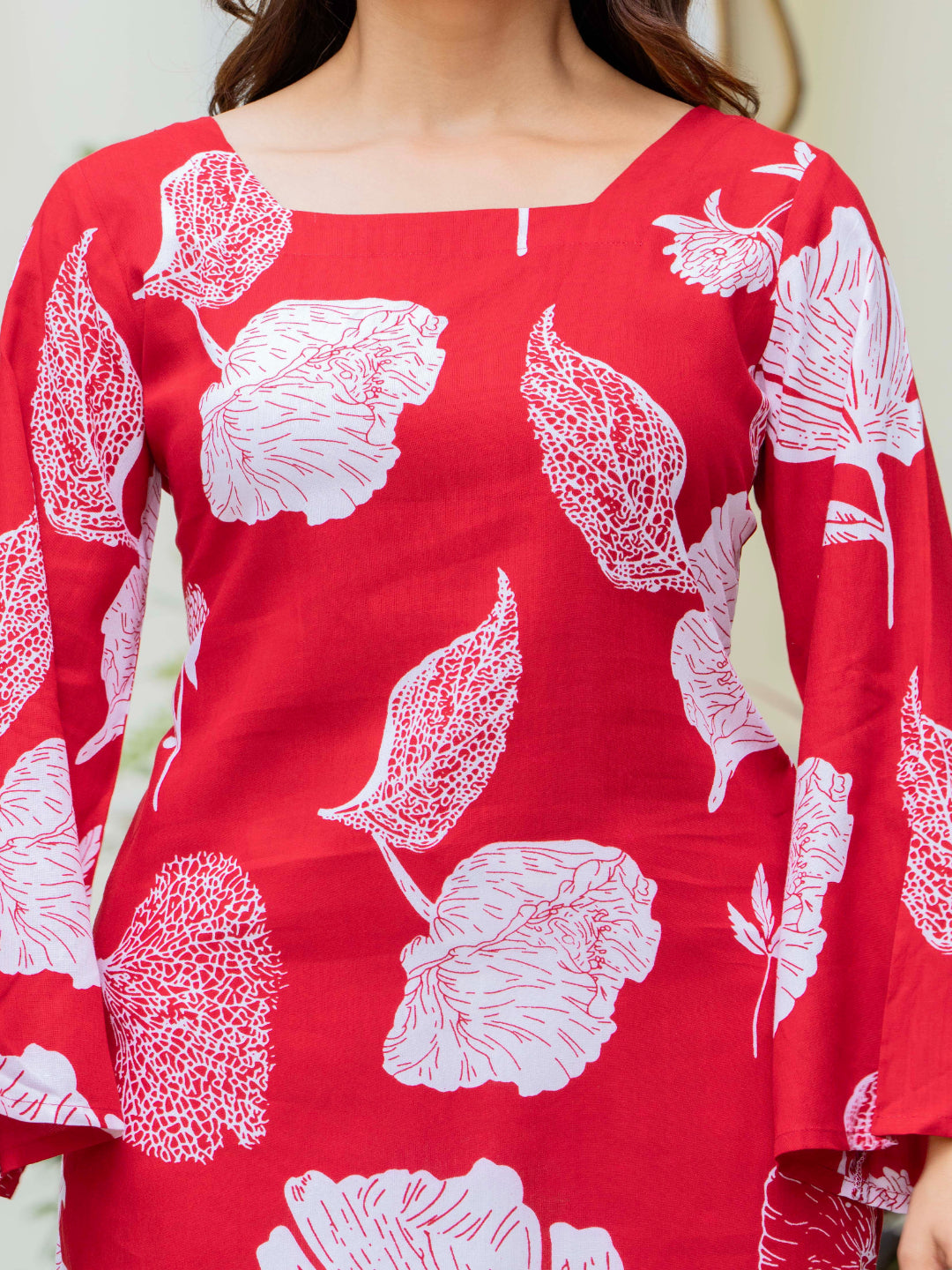 Red Self Design Cotton Fabric Tunics Three-Quarter Sleeves Square Neck Hip Length