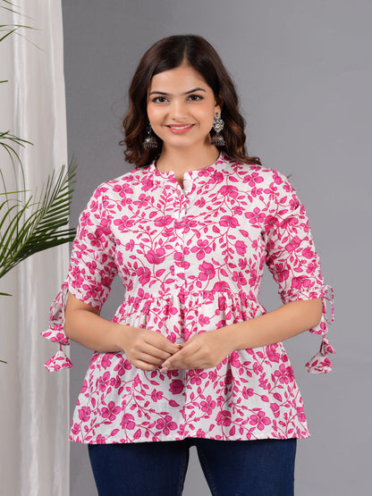 Pink Self Design Cotton Fabric Tunic 3/4 Sleeves Mandarin Collar Hip Length