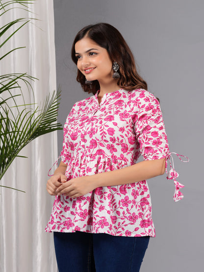 Pink Self Design Cotton Fabric Tunic 3/4 Sleeves Mandarin Collar Hip Length