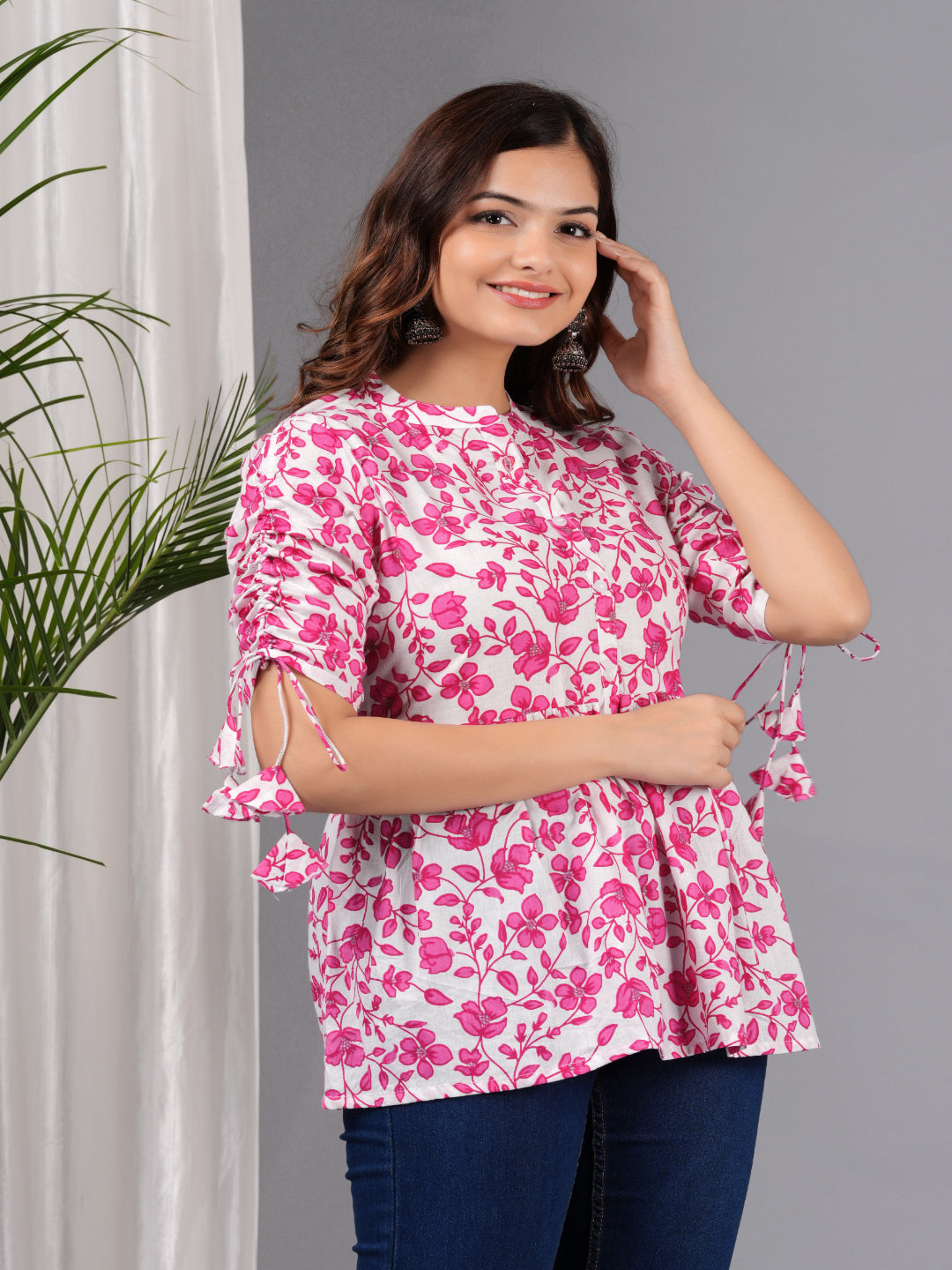 Pink Self Design Cotton Fabric Tunic 3/4 Sleeves Mandarin Collar Hip Length