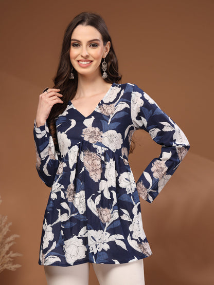 Navy Blue Self Design Cotton Fabric Tunic 3/4 Sleeves V- Neck Hip Length