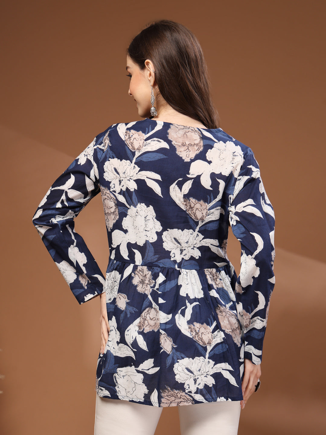 Navy Blue Self Design Cotton Fabric Tunic 3/4 Sleeves V- Neck Hip Length