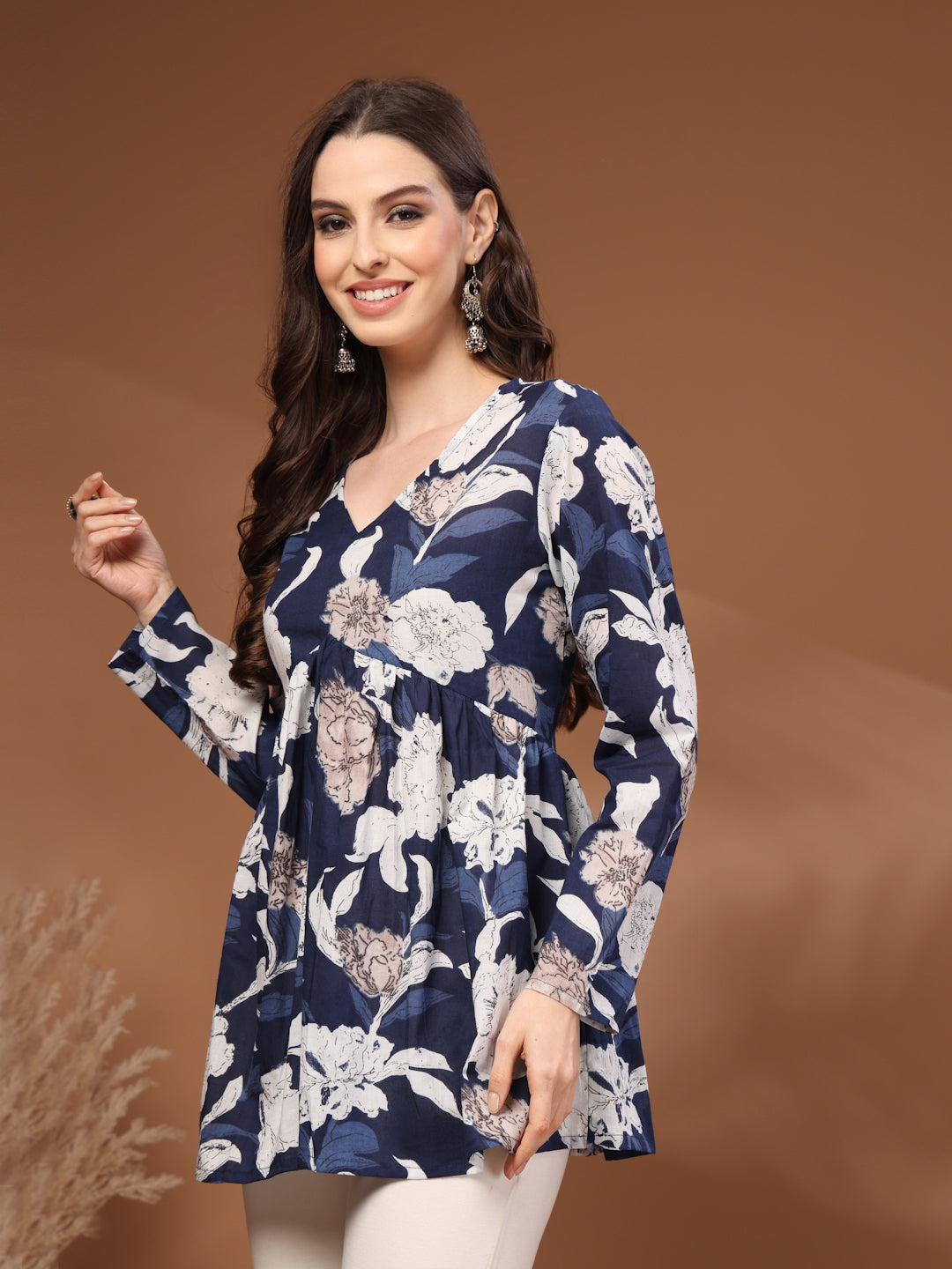 Navy Blue Self Design Cotton Fabric Tunic 3/4 Sleeves V- Neck Hip Length