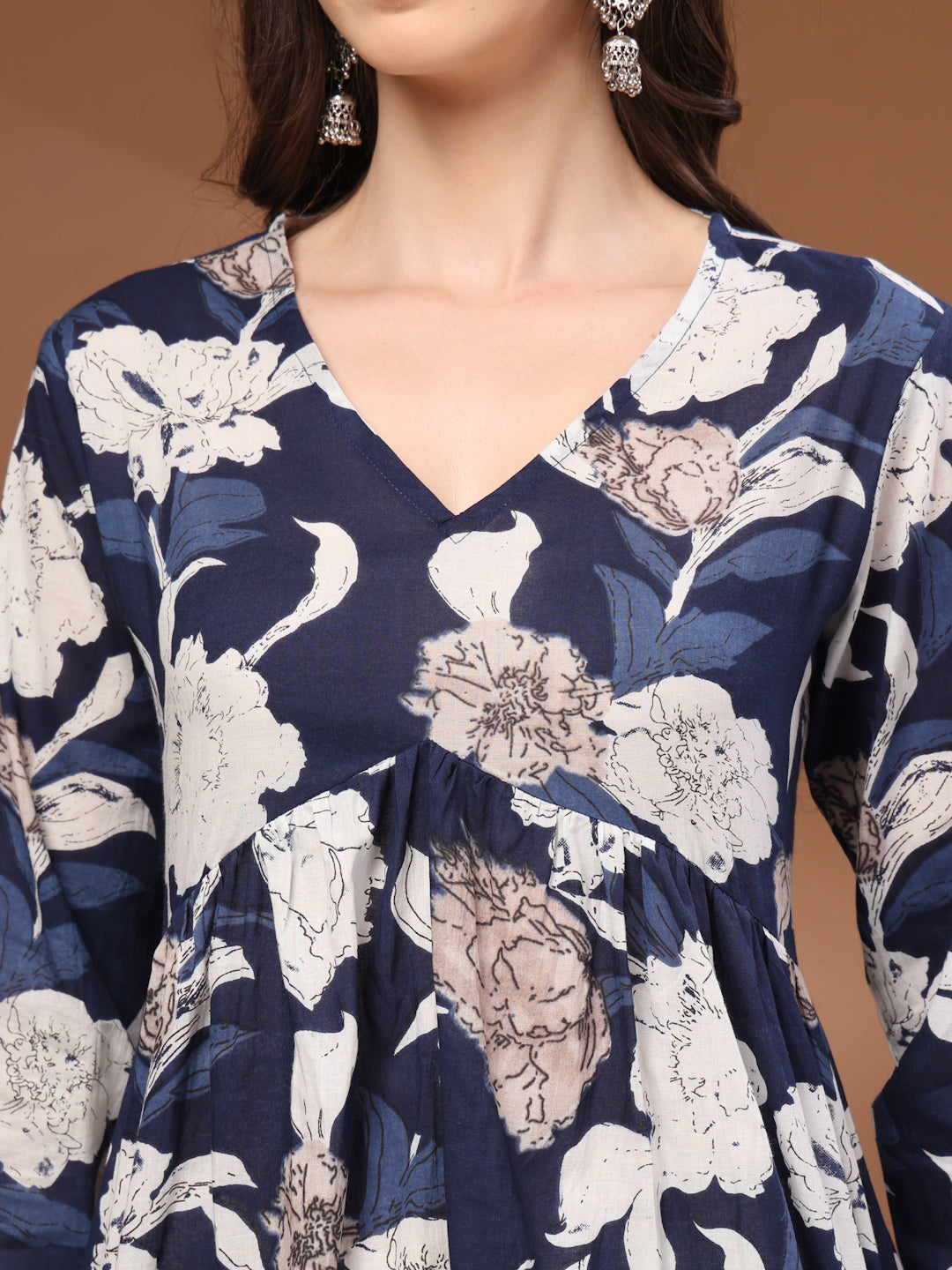 Navy Blue Self Design Cotton Fabric Tunic 3/4 Sleeves V- Neck Hip Length