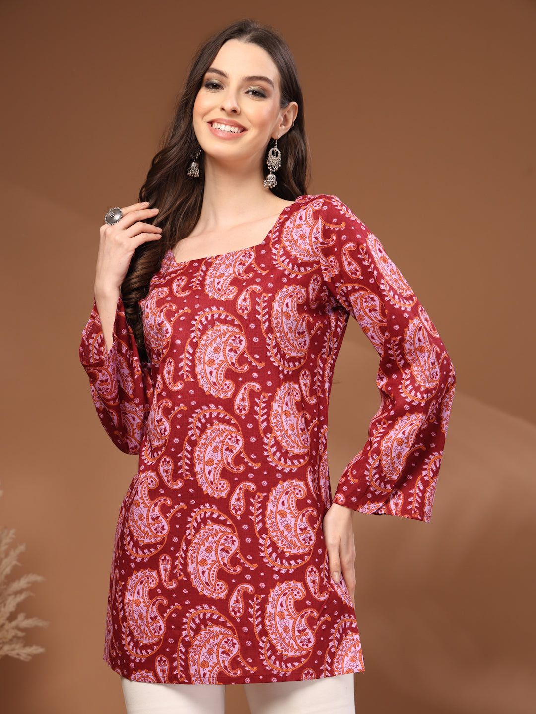 Maroon Self Design Cotton Fabric Tunic 3/4 Sleeves Square Neck Hip Length