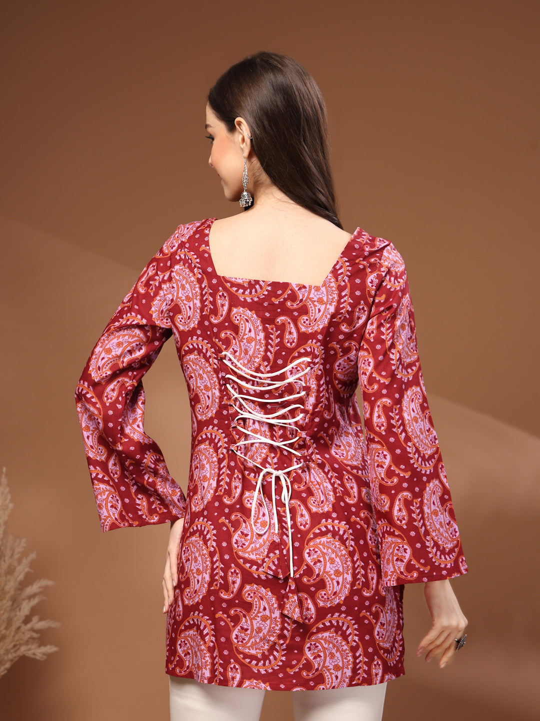 Maroon Self Design Cotton Fabric Tunic 3/4 Sleeves Square Neck Hip Length