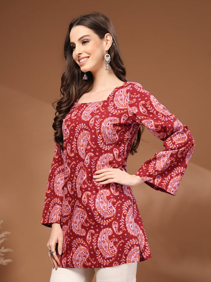 Maroon Self Design Cotton Fabric Tunic 3/4 Sleeves Square Neck Hip Length