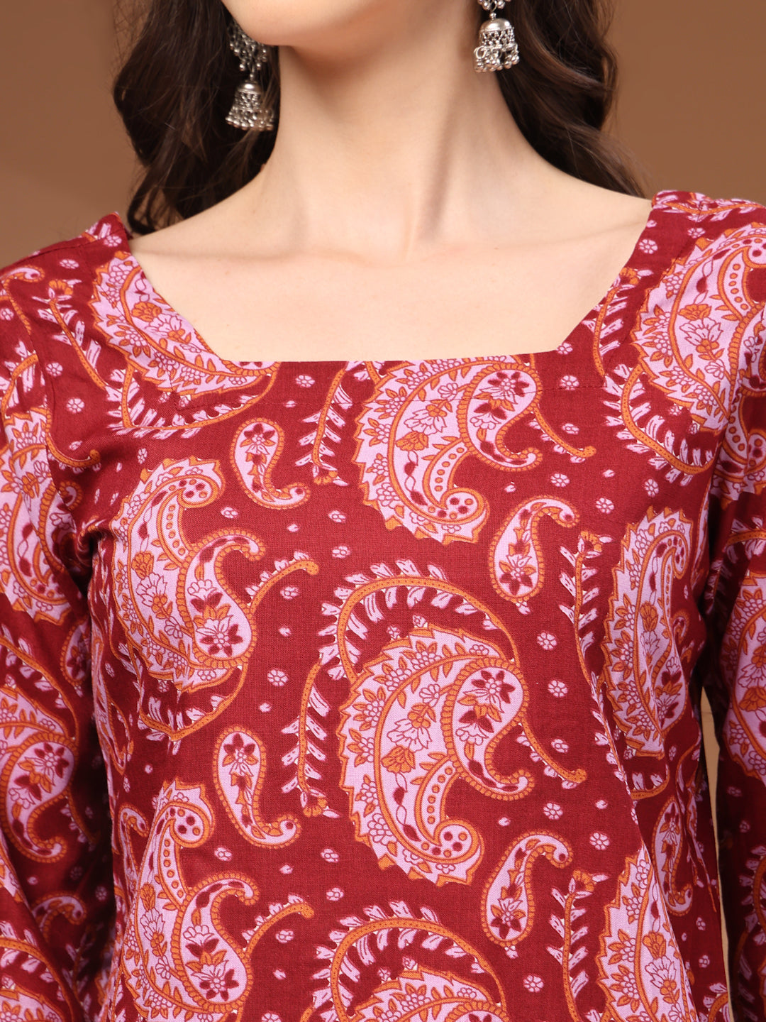 Maroon Self Design Cotton Fabric Tunic 3/4 Sleeves Square Neck Hip Length